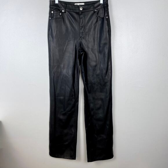 Zara Full Length Faux the '90s Leather Pants in Black High Waist Straight Leg 4 - Picture 2 of 11